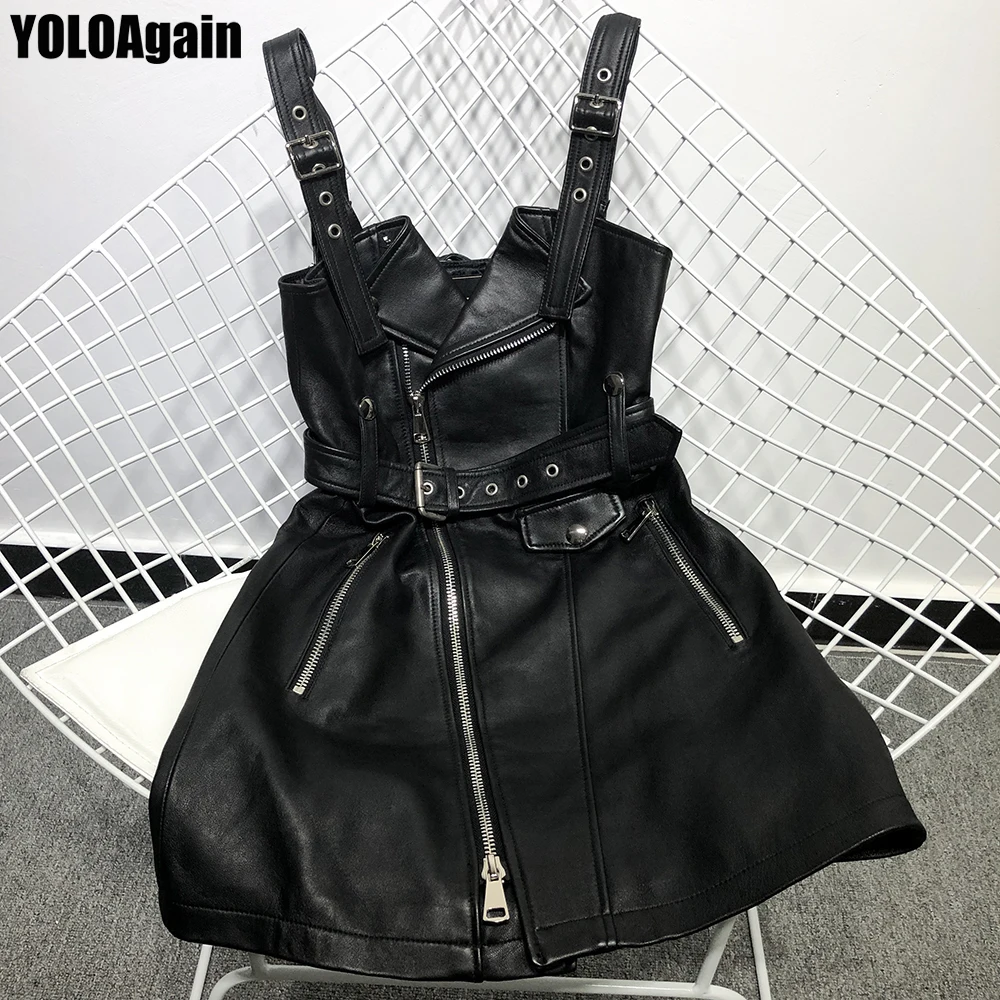 

YOLOAgain women genuine leather dress ladies V-neck sleeveless real leather strap dress
