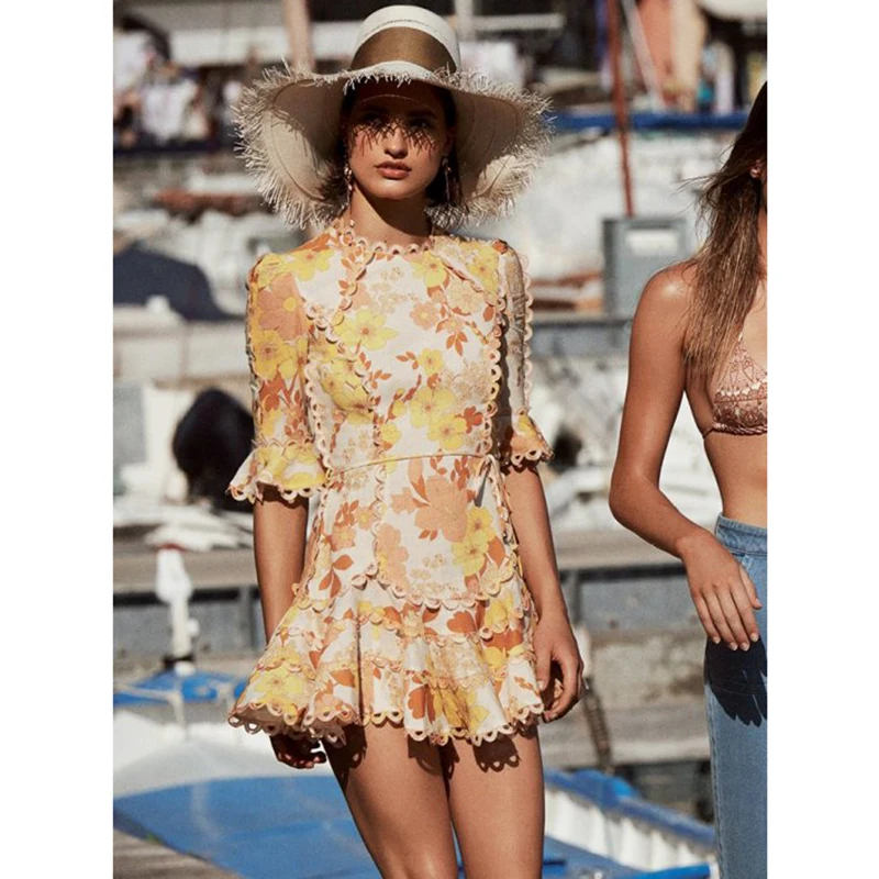

2019 Summer Petal Sleeve Yellow Floral Printed Mini Dress For Women Holiday Bohemian Beach Dress
