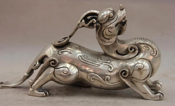 

S1557 China White Copper Silver Feng Shui mythical wild animal Brave troops Statue D0318