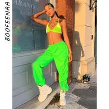 BOOFEENAA неоновые зеленые штаны-шаровары с высокой талией, женская одежда, уличная мода, спортивные штаны, повседневные брюки, C94-AC17