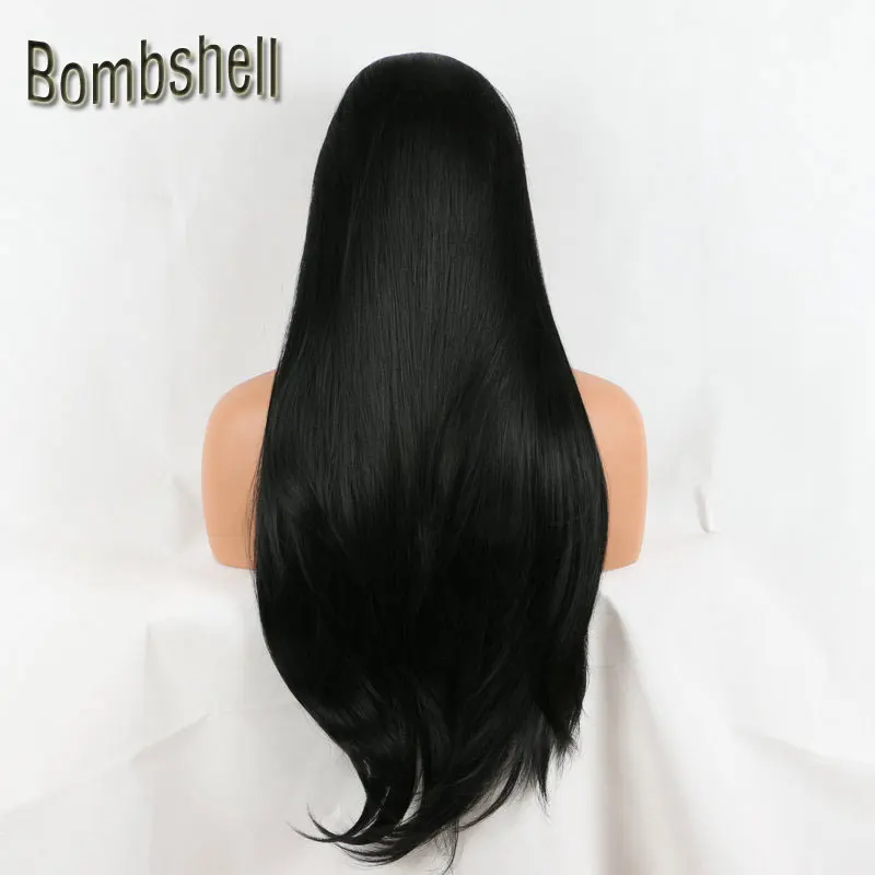 Bombshell 180% плотность 22-26 дюймов длинный шелковистый прямой черный синтетический парик на кружеве бесклеевое Термостойкое волокно для женщин