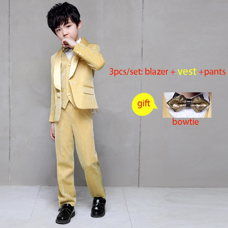 Flower Boy Wedding Dress Suit Sets Children Gold 3Pcs Catwalk Piano Costume Kids Blazer Vest Pants Shirts Clothes Sets - Цвет: 3pcs Vest