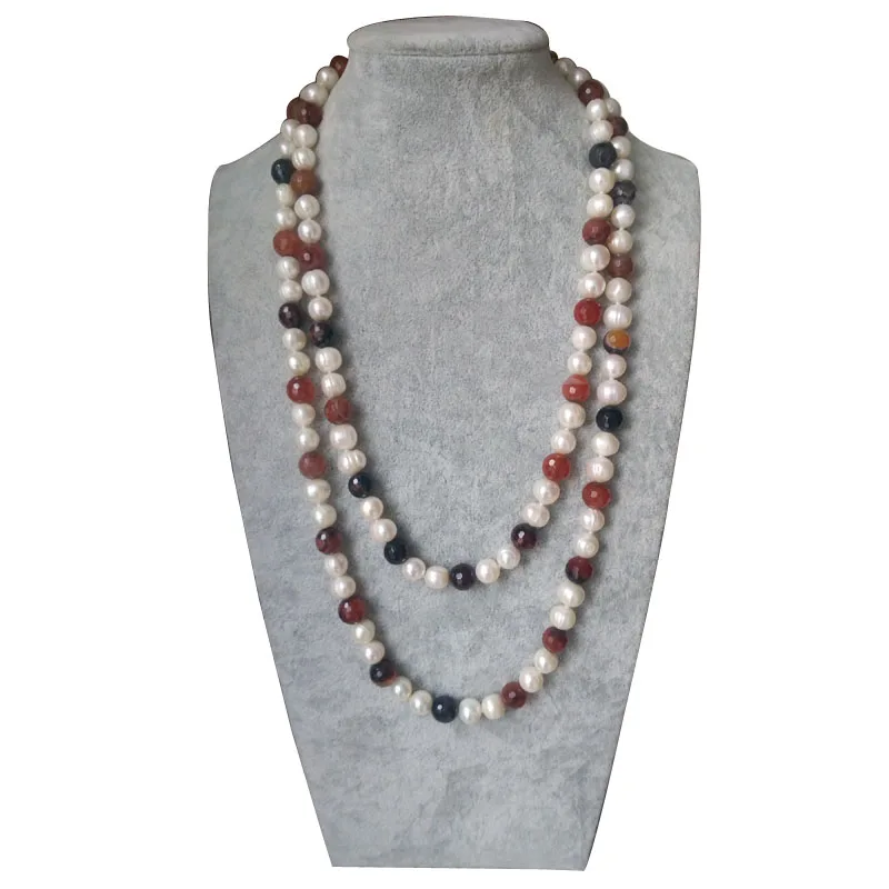 

48 inches 10-11mm White Pearl and Round Faceted Tourmaline Long Chain Necklace