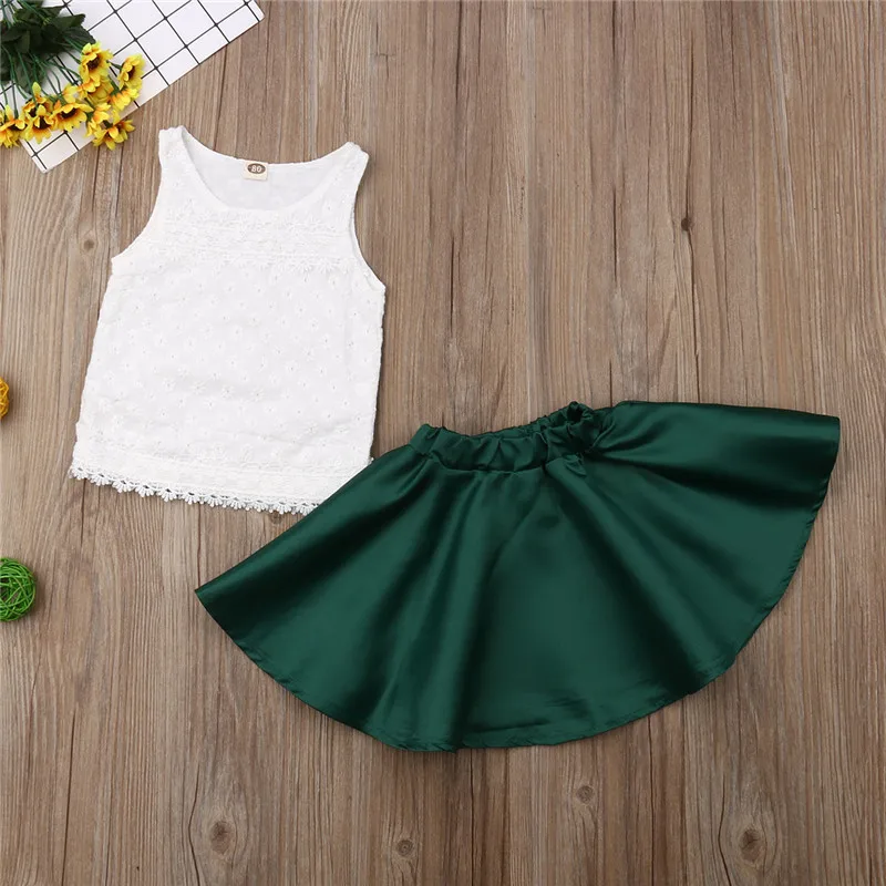 

Toddler Kids Baby Girls clothes round neck sleeveless pullover Geometry Tops Pleated solid Skirts 2pc cotton lovely outfits