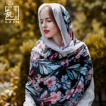 

LZJN 90*180cm Womens Scarf Cotton Linen Floral Shawl Korean Style Long Scarves Sun Protection Headscarf Contrast Color Cape Wrap