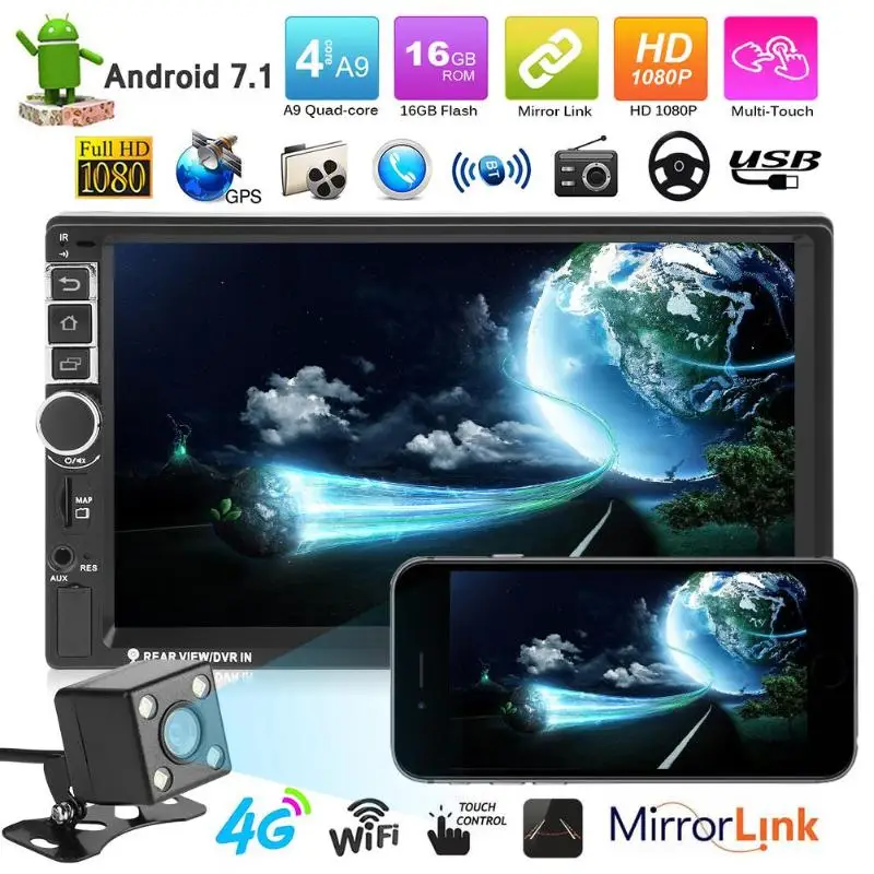 Discount VODOOL 2 Din Android 7.1 Quad-core Car Stereo Player Multimedia Video MP5 Player 3G 4G WiFi GPS Navigation Audio Player+ Camera 2