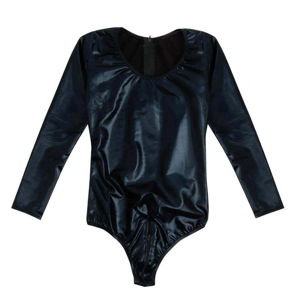 iEFiEL Sexy Womens Wetlook Bodycon Patent Leather Leotard Bodysuit with Zipper Crotch High Cut Dancewear for Nightclub Parties white bodysuit