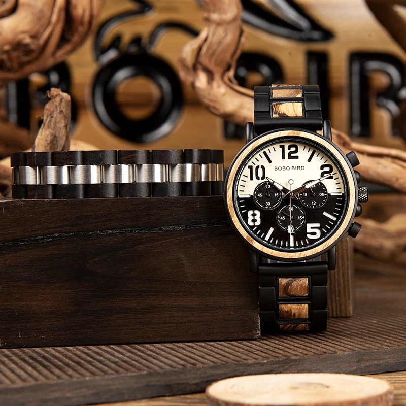 Relogio Masculino BOBO BIRD Wood Watch and Fashion Bracelet Men Quartz Wristwatches Chronograph Timepiece In Wood Box L-R25