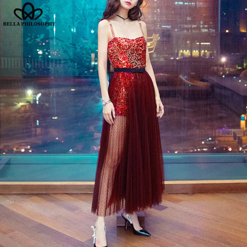 Wonder Summer Sexy Sequined Party Dress Vintage Spaghetti Strap Empire Slim Mesh Long Dress Formal Lady Dress Vestidos 2019 new