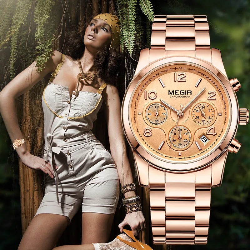

Megir Casual Watch Women Luxury Brand Famous Gold Bracelet Stainless Steel Watch Women's Fashion Luxury Women's Watches Steel