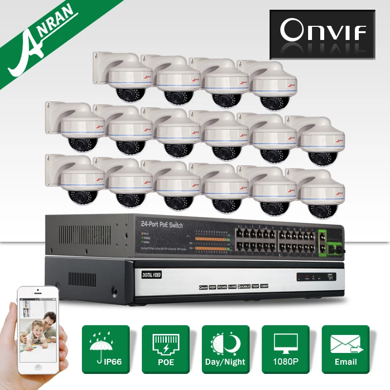  24CH POE Switch+16CH H.264 NVR Security Surveillance CCTV System 6TB HDD 1080P 2MP Outdoor Vandalproof Network POE IP Camera 