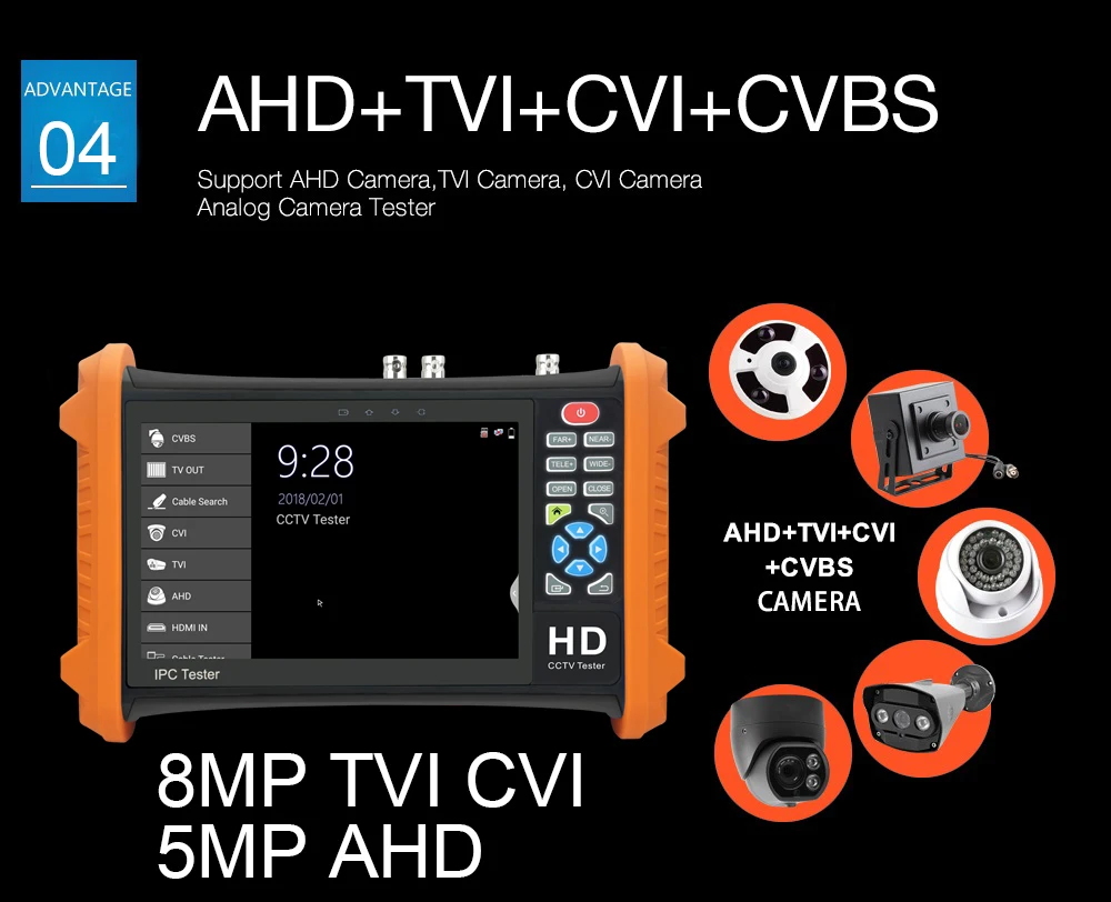 7 дюймов CCTV камера тестер 8MP видео тестер TVI CVI 5MP AHD 2MP SDI ahd монитор камера HDMI вызов OSD меню UTP монитор для видеонаблюдения
