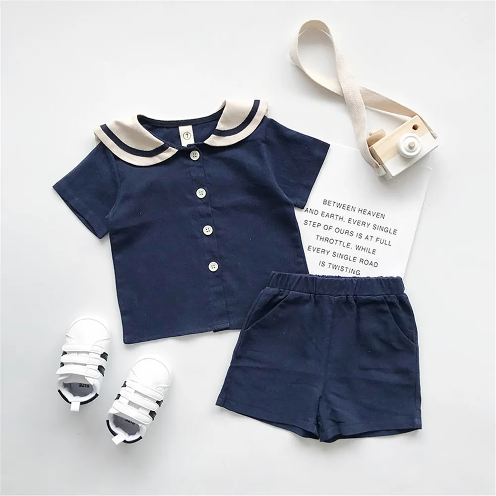 

2019 Summer Children Clothing Set Boys Girls Navy Wind Cotton Linen Short-Sleeved Blouse Shirt Tops+Shorts Suit Kids Clothes Set