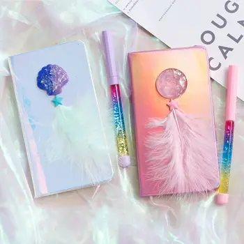 

Kawaii Magic Feather Notebook Journal Daily Planner Notepad Memo Pad with Hourglass Pen Set Stationery School Supplies