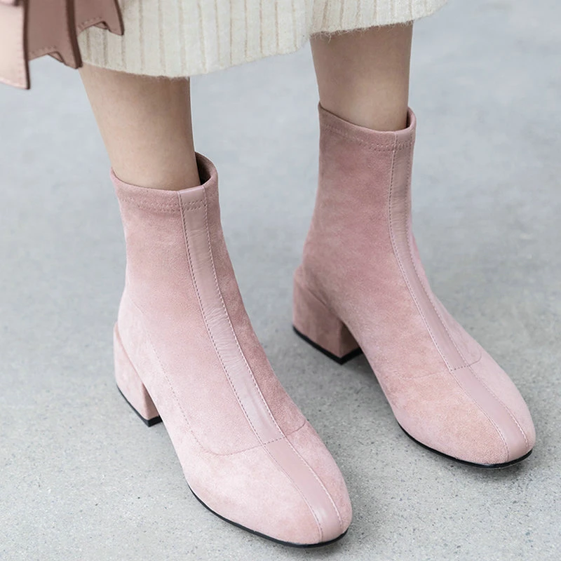 

EshtonShero Women Ankle Boots Shoes Woman Med Heels Flock Pointed Toe Platform Pink Zipper Ladies Motorcycle Boots Size 3-8