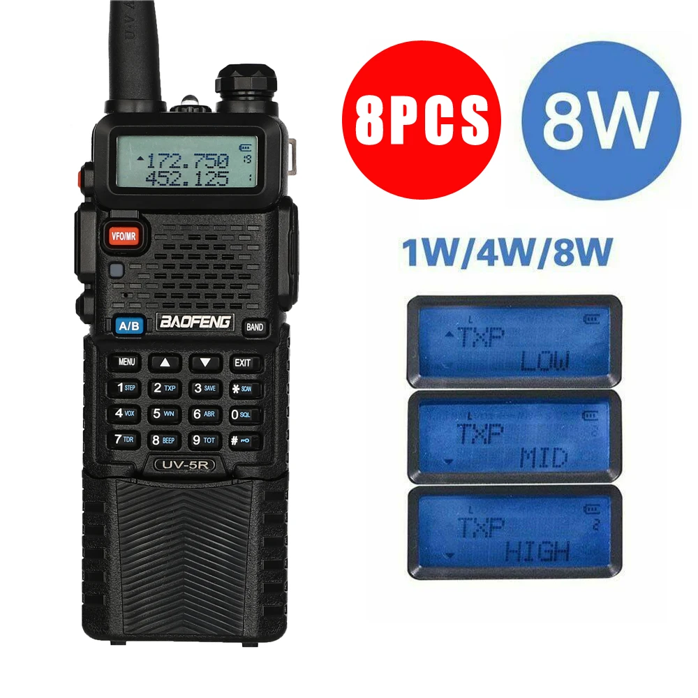 

8Pcs Baofeng UV-5R Power 8W Triple 8/4/1 Watts High Power 10km Rang Two Way Radio VHF UHF Dual Band UV5R Portable Walkie Talkie
