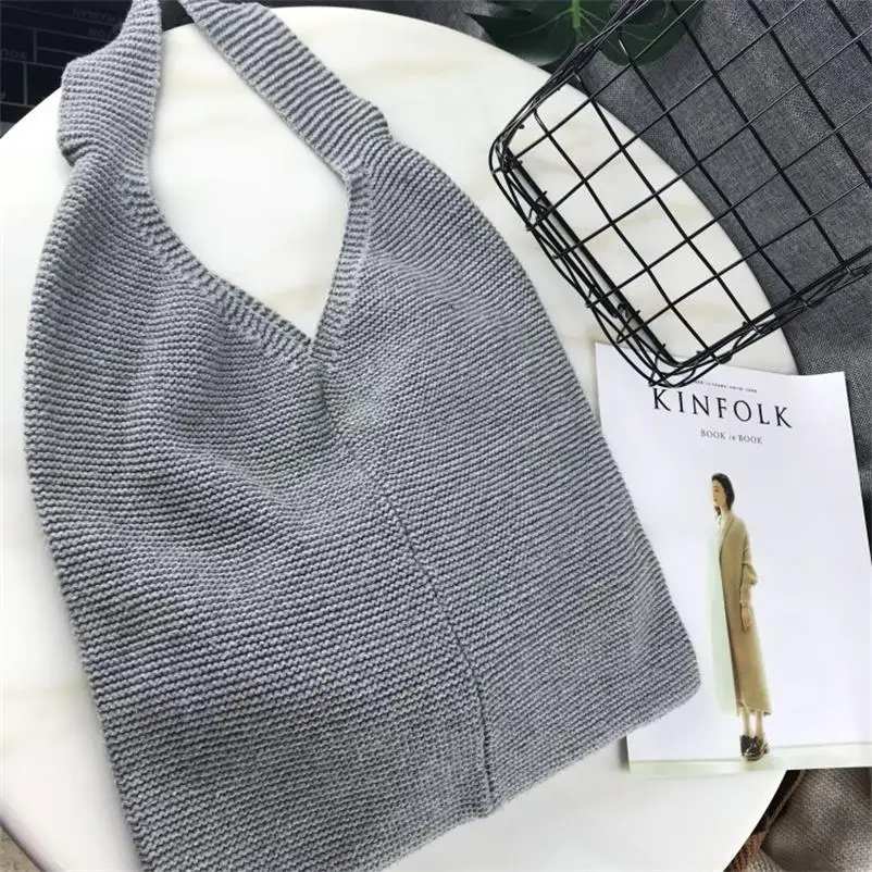

Women Wool Weaving Solid Tote Bag Handbag Shoulder Bags Portable Casual Shopping Bags Women Top-Handle Bags Female