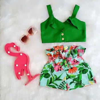 

Flamingo Toddler Baby Girls Clothes Floral Vest Crop Tops Short Pants Outfits Clothes Set 2pcs UK