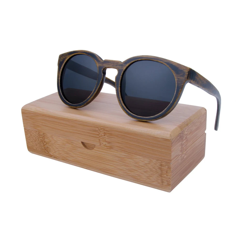 BerWer круглые бамбуковые солнцезащитные очки модные деревянные солнцезащитные очки для мужчин и женщин - Цвет линз: black lens with case