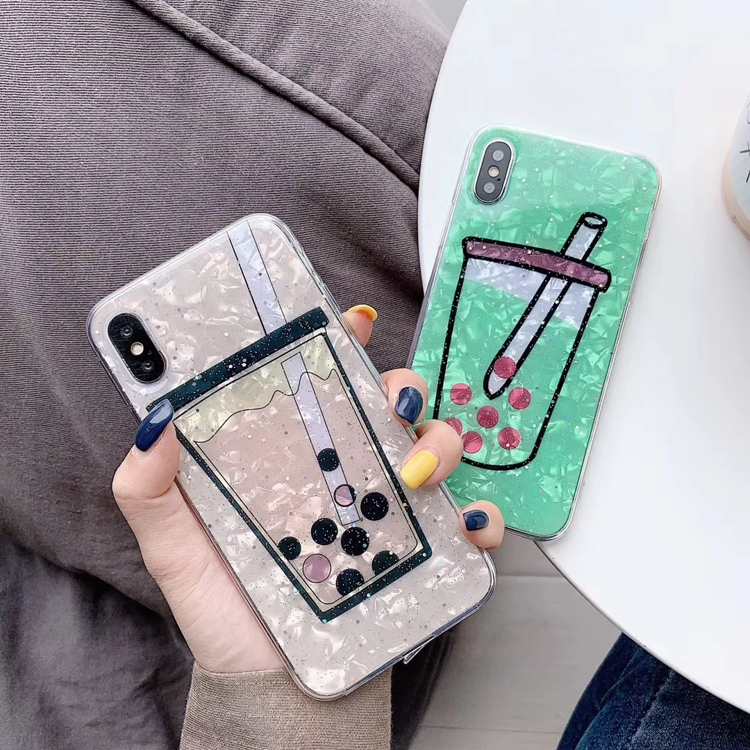 

Summer Fresh Milk Tea Shell Phone Case for Iphone X Xs Max Green Glitter Clear Case for Iphone 6s 7 8plus Xr Soft Tpu Cover