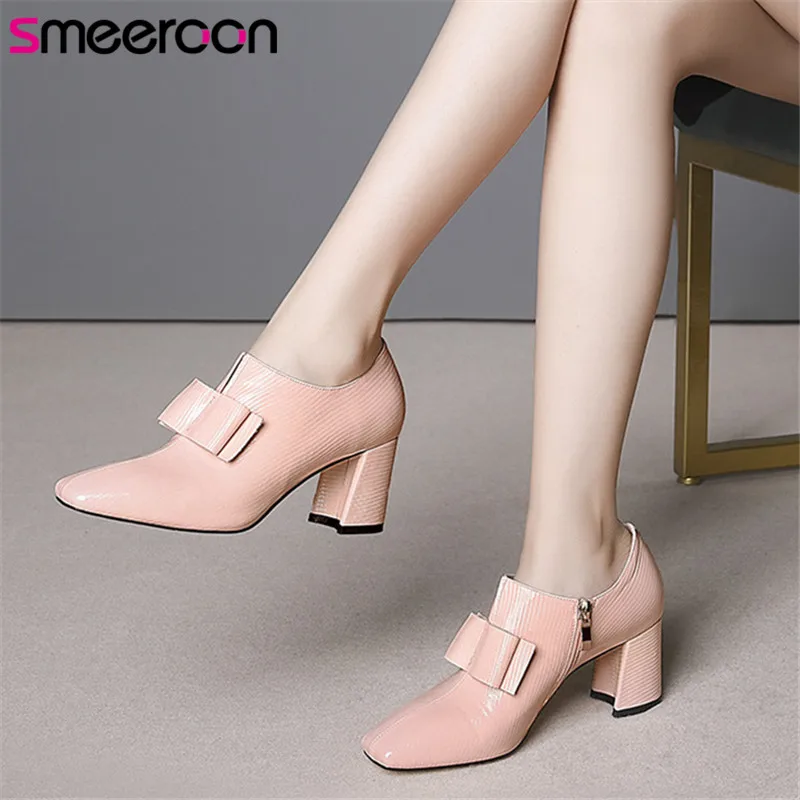 

Smeeroon 2019 new arrival hot sale women pumps square toe genuine leather shoes zipper spring summer dress shoes woman pink