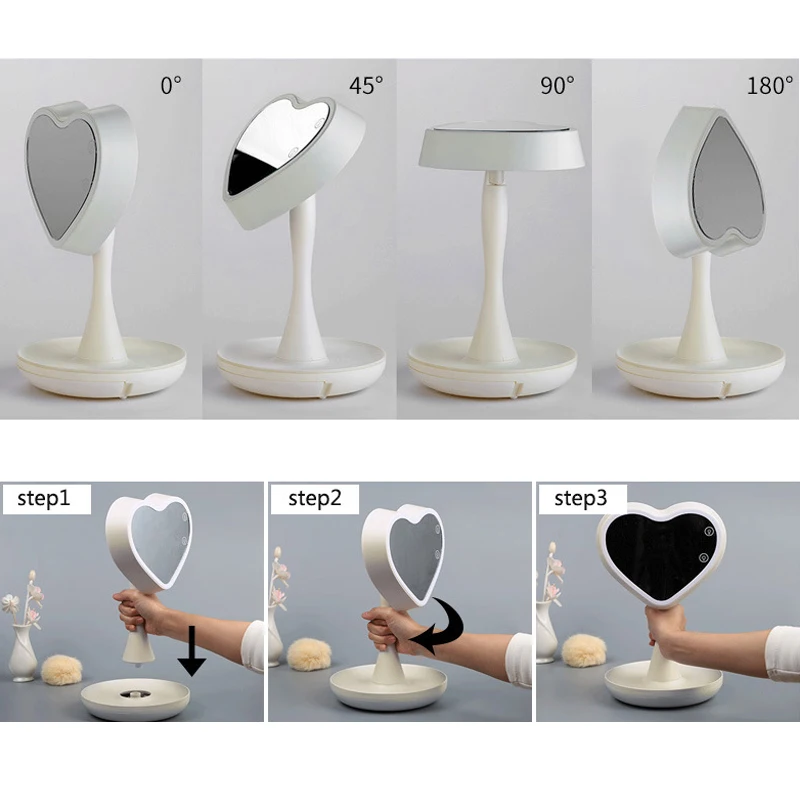 

Makeup Tool 7 Colors Electric LED Makeup Mirror Heart Shape Makeup Mirror For Valentine's Day Gift Present Desk Lamp Beauty Tool