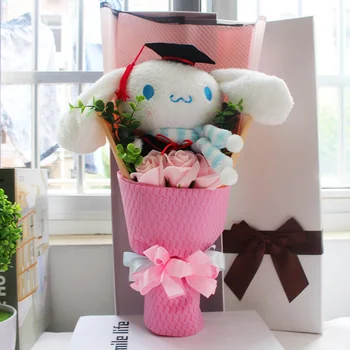

Hot sale Pom Pom dog plush Cute My Melody Doctorial hats cartoon flower Bouquet Stuffed Animal Dolls For Graduation gifts