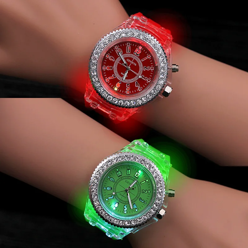 Горячая Студенческая Защита детская кожа мягкие силиконовые светодиодные часы модные кварцевые Детские Мультяшные часы со стразами