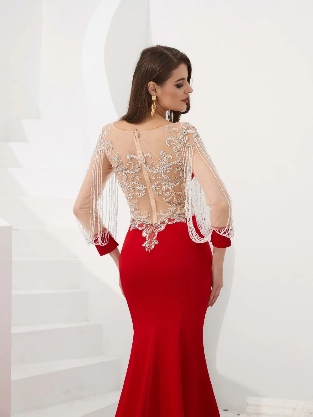 Lakshmigown элегантный красный с длинным рукавом Русалка Вечерние платья развертки поезд торжественное платье для женщин