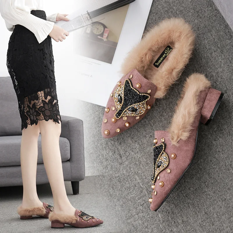 

Loafers Slides Flock Cover Toe Women's Slippers 2019 Jelly Flip Flops Shoes Low Pokemon Plush Sliders New Glitter