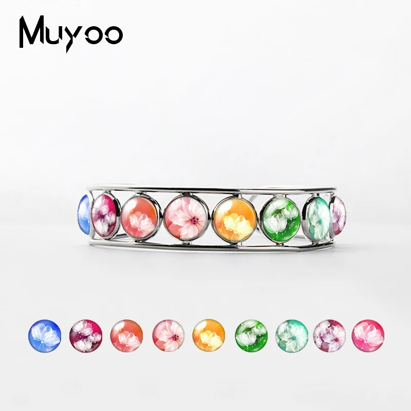

New Fashion Beauty Coloful Flowers Patterns Bangle Trendy Lovely Flowers Style Glass Cabochon Bracelets Jewelry for Women