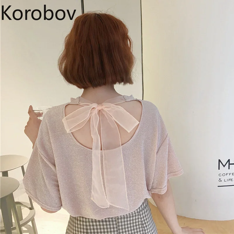 

Korobov 2019 New Arrival Lacing Bow Shiny T Shirt Short Sleeve O-Neck Korean Casual T Shirts Summer Solid Ulzzang Tee 77301