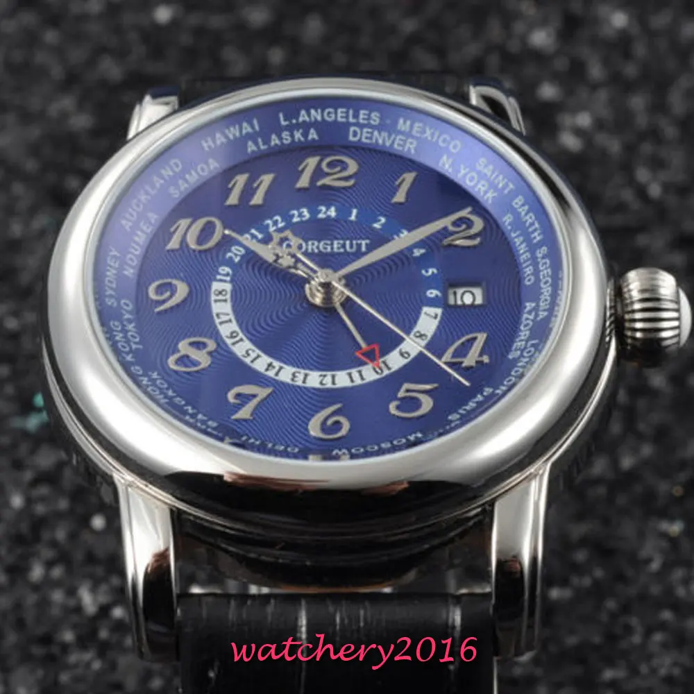 

42mm Corgeut Blue Dial Luxury fashion Luminous Diver Leather Strap Men's Gift movement sapphire Glass automatic men watch