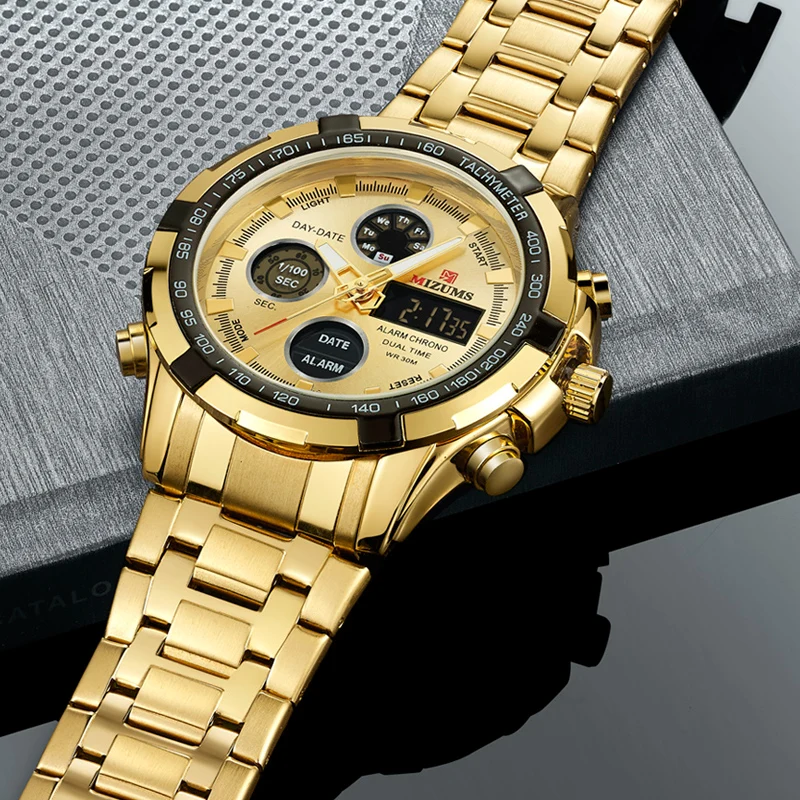 Классический светодиодный цифровой Кварцевые часы для мужчин золотой Стальной ремешок водонепроницаемые мужские спортивные часы повседневные часы мужские Япония Movt relogio