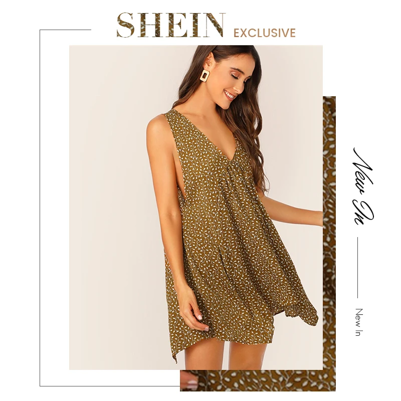 SHEIN асимметричное платье с цветочным принтом и низкой проймой Boho коричневое асимметричное летнее платье без рукавов с глубоким v-образным вырезом и высокой талией