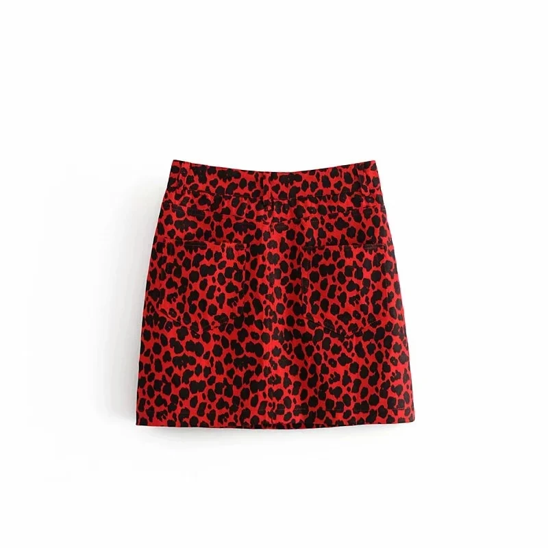 Винтажная красная юбка с леопардовым принтом женская юбка с высокой талией уличная jupe femme корейская Сексуальная мини-юбка с карманами