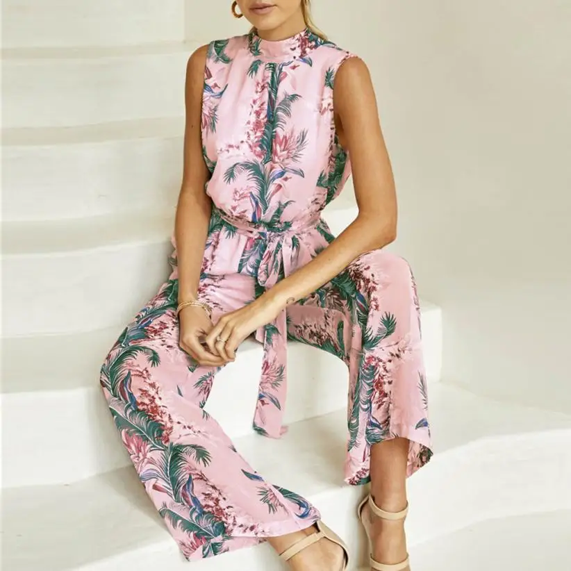 

2018 New European Style Summer design Brand Women Chiffon Floral Printed Backless Bandage Wide Leg Pants Sleeveless Playsuit 1a3