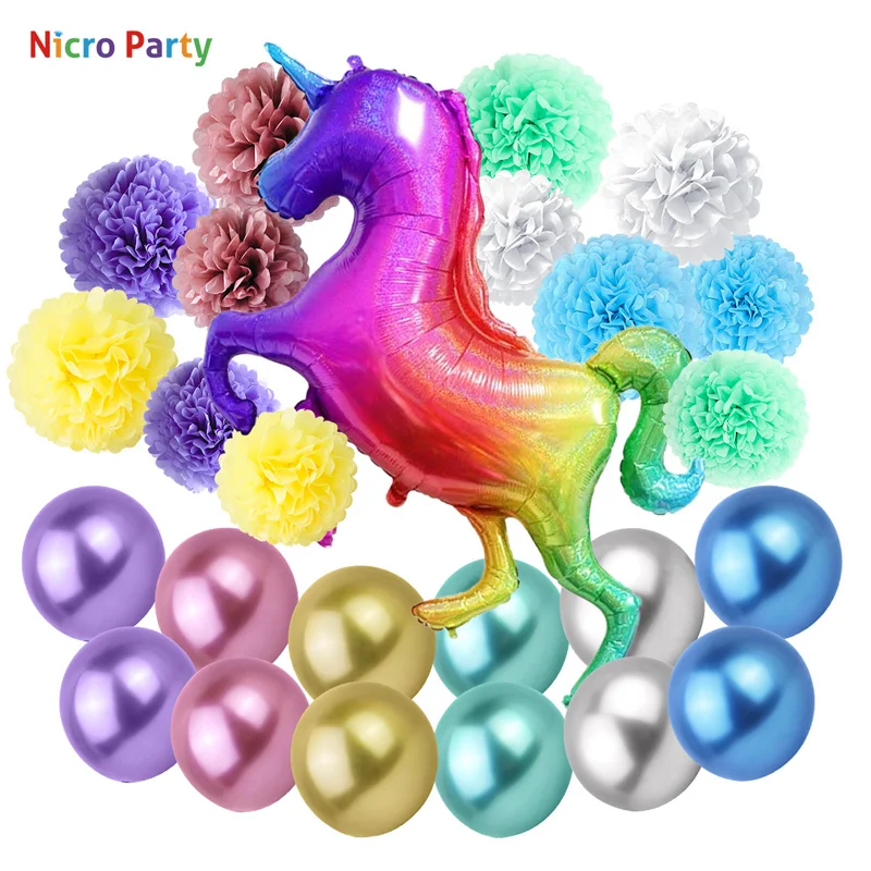 Nicro 25/37 шт/набор фольгированные воздушные шары-единороги бумажные цветы Детские наборы для украшения дня рождения DIY Новые вечерние украшения для дома# Set109