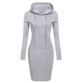 

New Autumn Winter Warm Sweatshirt Dress Long-sleeved Woman Clothing Hooded Collar Pocket Design Simple Woman Dress Vestido