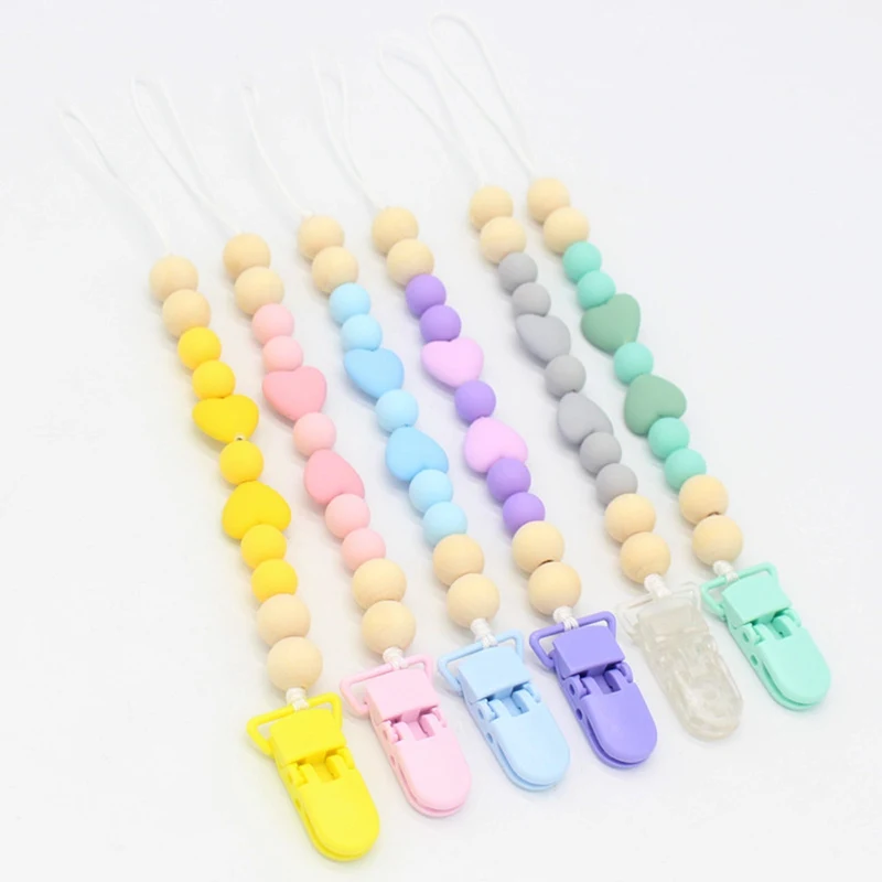 Plastic Baby Pacifier Clips Love Heart Beads Pacifier Chain For Infant