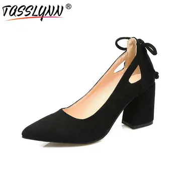 

TASSLYNN 2019 Women Pumps Butterfly-knot Hoof High Heels Pointed Toe Pumps Flock Elegant Slip on Wedding Office Pumps Size 34-39