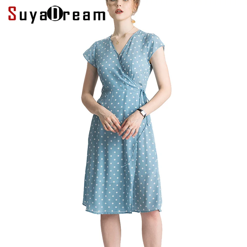 SuyaDream Polka Dot Women Midi Dress 100%Real Silk