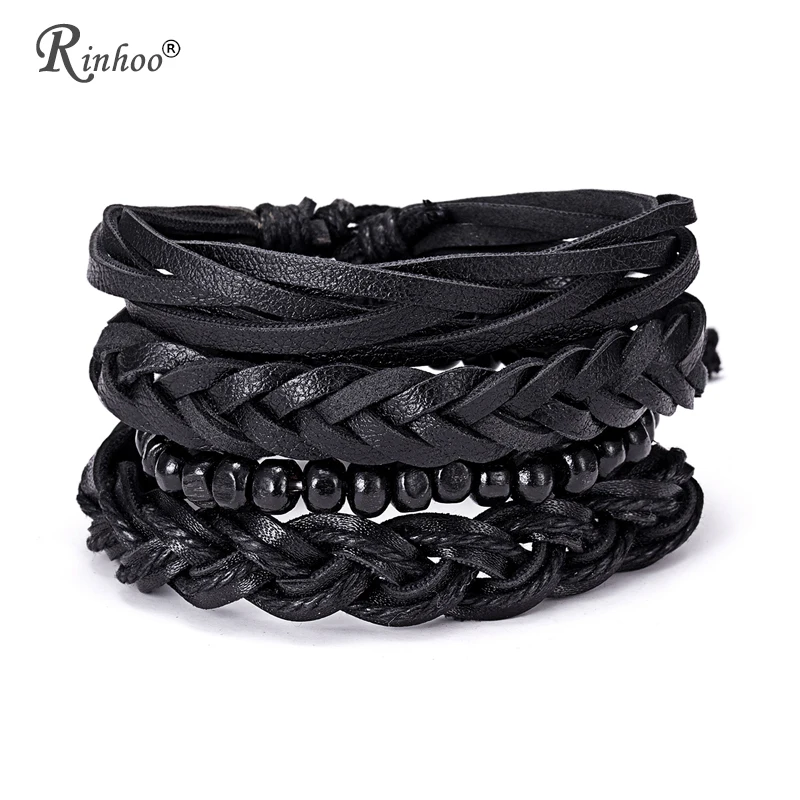 

RINHOO 4pcs/Set Vintage Leather Beaded Bracelets for Men Wrist Strap Wrap Punk Black Braided Fashion Jewelry Bangles Bracelets