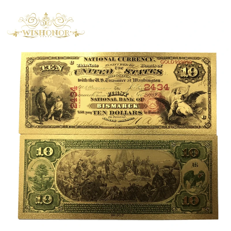 

10pcs/lot 1875 Year American Gold Banknote 10 dollar Banknote Pure 999 Gold Plated Fake Paper Money for Home Decor