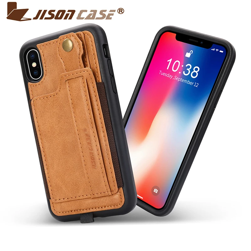 Jisoncase Leather Case For iPhone X 5.8" With Card Slot and Lanyard