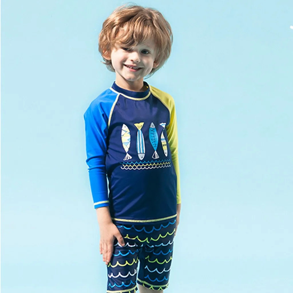 CHAMSGEND/ г. Летние детские топы с рисунком рыбки для мальчиков и девочек+ шорты с волнами+ шляпа, пляжный костюм, комплекты для купания, 19MAY9 P25