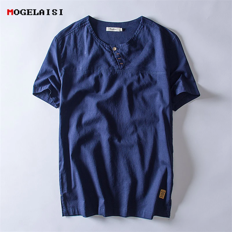 

NEW 2018 summer causal t shirt men chinese style short sleeve 100% cotton linen soft Comfortable Button men solid tshirt M-4XL