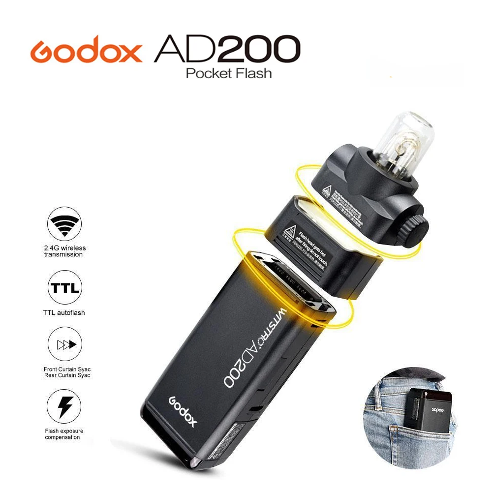 US $325.35 GODOX AD200 Pocket Flash Light TTL 24G HSS 18000s Double Light Head 200Ws 24G Wireless X System For Canon Nikon Sony