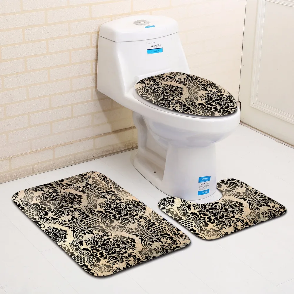 

3Pcs European Classical Pattern Bathroom Rug Set Super Soft Suede Non-Slip Bath Mat Toilet Seat Cover Bath Carpet