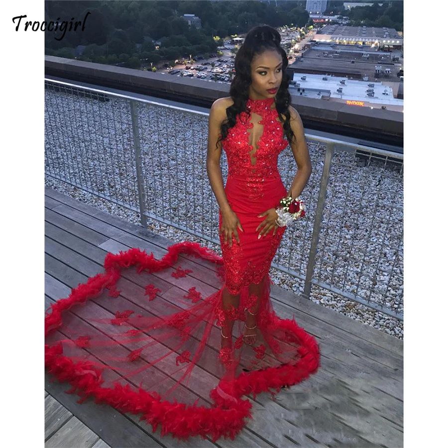 

Sexy Red Feather Mermaid Prom Dresses 2K18 Plus Size Vintage Lace Sequined Beaded African Arabic Girls Dresses Evening Party